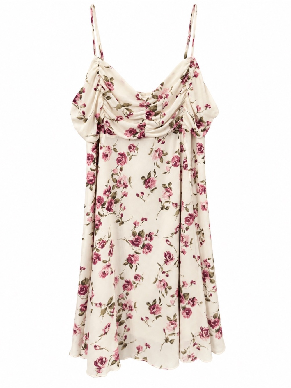 Cowl Neck Spaghetti Strap Mini Dress in Cream with Pink Floral Print
